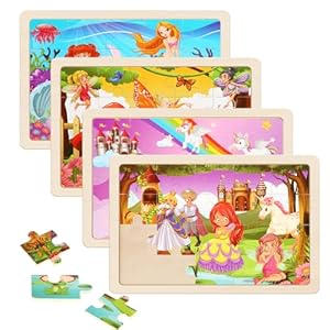 Wooden Puzzles Toys for Kids Ages 3-5, Set of 4 Packs with 20-Piece Unicorn Mermaid Princess Wood Jigsaw Puzzles, Preschool Educational Brain Teaser Toys for Girls 3 4 5 6 Years Old.