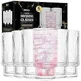 Kitchen Lux Ribbed Drinking Glasses - Ribbed Glass Cups 12 oz - Ribbed Glassware Set of 6 - Textured Vintage Retro Ripple Aesthetic Glass Ware for Whiskey Cocktail Beer Water, Coffee Bar Accessories