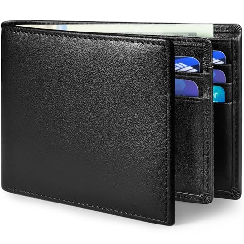 MARZAHAR Genuine Leather Mens Wallet, RFID Blocking Bifold Wallet for Men with ID Window, 11 Card Slots, Husband Birthday Anniversary, Dad Fathers Day Gift (Black)