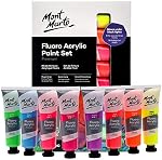Mont Marte Fluro Acrylic Paint Intro Set 8pce x 36ml, 8 Colours, Suitable for Use with Canvas, Card, Paper and Wood
