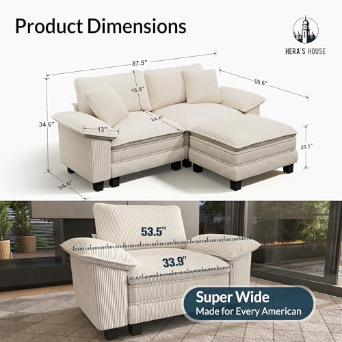 Image of HERA'S HOUSE 3-Seat L Shaped Modular Cloud Couch Sectional Sofa Ottoman | Modern 87.5 inch Couch, Beige, Wider Armrest, Comfy Deep Seat, Soft Corduroy Sofa for Living Room