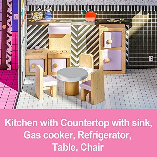 LAWASEN Wooden Dolls House Furniture Sets, Dolls House Accessories include Kitchen Living Room Bathroom Bedroom for Girls Gifts - 22 pieces