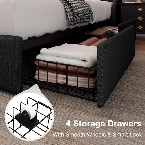 Image of Feonase Upholstered King Size Bed Frame with 4 Storage Drawers, Large Wingback Headboard, No Box Spring Needed, Black