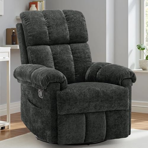 Image of Korser Recliner Chair, Swivel Rocker Recliner Chair for Adults, Small Recliners for Small Spaces, Upholstered Manual Recliner with Side Pockets, Nursery Rocking Chair for Living Room, Chenille, Black