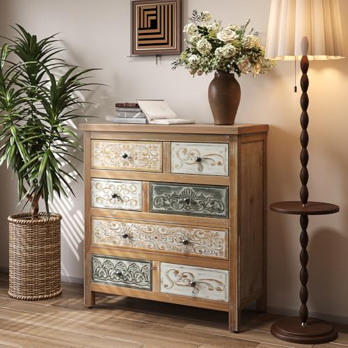 Image of Vintage Carved 7-Drawer Storage Cabinet, Solid Wood Accent Cabinet with Doors for Living Room, Kitchen, Dining Room, 33 Inch Tall, Natural Wood Brown