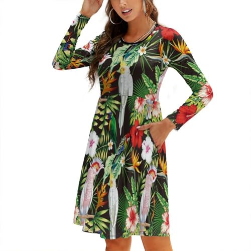 Artsy - Vestido de otoño de 2024 con diseño de loro y hojas de palmera, elegante vestido midi de manga larga con bolsillo, Negro , S