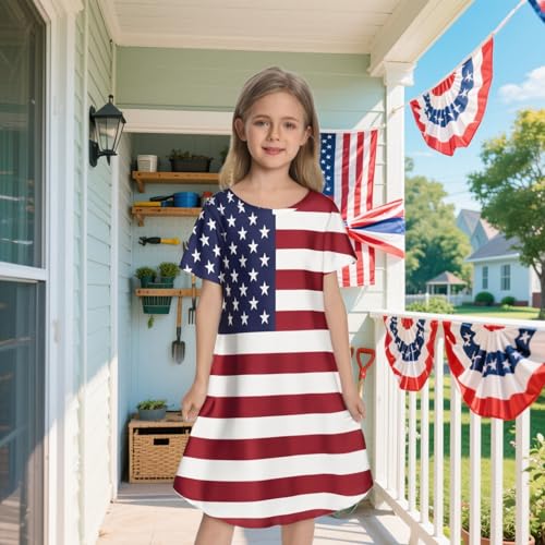 RONGTAI Girls 4th of July Dress American Flag Patriotic Stars Striped Summer Casual Short Sleeve Dresses for 4-12 Years Kids2