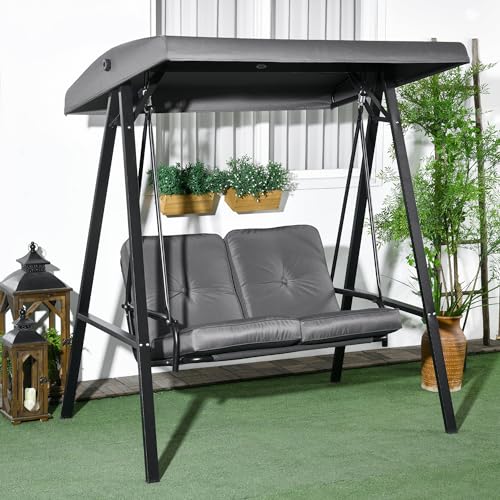Outsunny 2 Seater Garden Swing Chair With Adjustable Tilting Canopy, Outdoor Hammock Bench With Steel Frame For Patio, Grey - 2