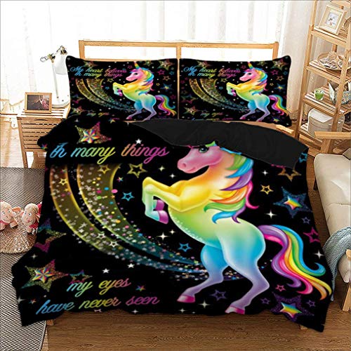 Housse de Couette Licorne Galaxie Étoile Parures de lit 1 Personnes Enfants Filles Chambre Rêver Arc en Ciel Cheval Violet Bleu Noir Scintillant Ciel étoilé Literie (Arc en Ciel, 140x200 cm) Cover