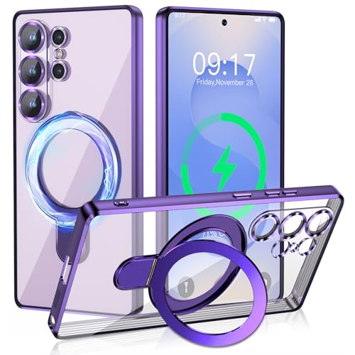 Image of Magnetic Stand & Full Camera Lens Protector Case for Samsung Galaxy S25 Ultra[Compatible with MagSafe][Military Drop Protective]Not Yellowing Clear Slim Soft S25 Ultra Phone Case for Women Men,Purple