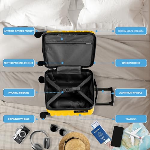 Carry On Suitcase Hardside Built In TSA Lock & USB Port Silent Double Spinner Wheels Maximum Underseat Carry-On Bag For American & United Approved Airlines( 18x14x8",Yellow ) の商品画像 5