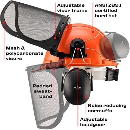 Nocry 6-In-1 Industrial Forestry Safety Helmet And Hearing Protection System; Face Protection Equipment With Two Protective Visors; Orange #TOP1