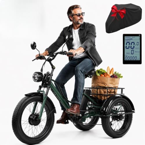 Senioren Elektro Dreirad 24 Zoll Erwachsene 3 Rad E-Bike Lastenrad Green | 200kg Belastbar Power Senior 3 Rad E-Dreirad mit Korb Scheinwerfer Verstellbarer Sitz Stadt Berg