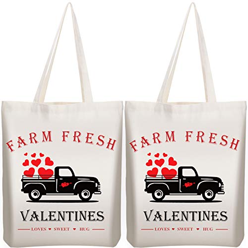 Weewooday 2 Pieces Valentine's Day Tote Bags Tote Bags Sacks Bag Reusable Canvas Tote Shoulder Bag Shopping Bag Handbag for Valentine's Day Party Grocery Shopping Market (Farm Fresh)