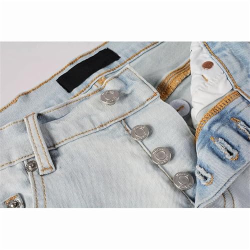 Men's Light Blue Stretch Skinny Ripped Jeans Pants Vintage Distressed Button Fly Straight Denim Pants2