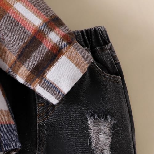 Image of Toddler Baby Boy Fall Winter Clothes Long Sleeve Plaid Hooded Sweatshirt Ripped Holes Jeans Set 1-5 Years Old