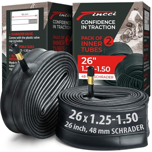 Fincci 26 x 1.25/1.50 Inch Bike Inner Tube – 48mm Schrader Valve – Butyl Rubber, Fits Mountain, Hybrid & Road Bikes – Pack of 2