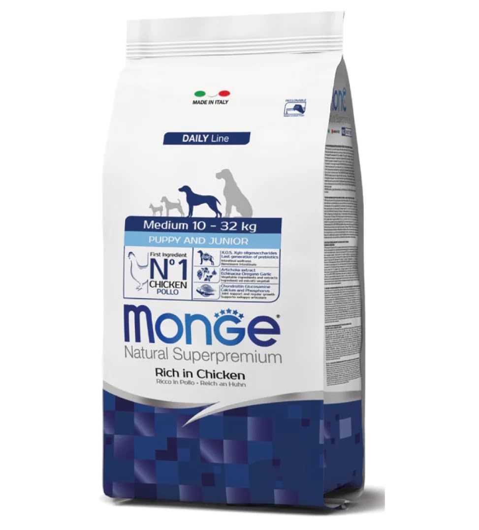 Monge - Perro natural Superpremium Medium Puppy & Junior rico en pollo, alimento seco completo para perros y cachorros de talla media (10-32 kg), fabricado en Italia, 1 paquete de 12 kg, 1 x 12 kg