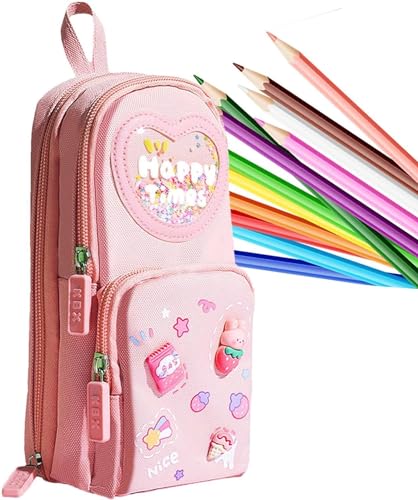 Image of Kawaii Cute 3 Compartment Pencil Case Aesthetic Pencil Case for Girls, Large Capacity Pencil Pouch Stationery Organizer for School Office Item (Pink)