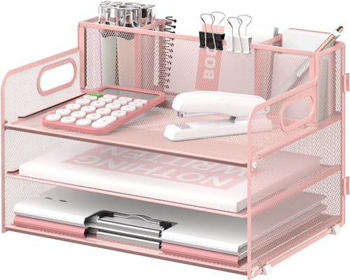 SUPTIDY 3 Tier Desk Organizer with Handle & 3 Pen Holders, Mesh Paper/File Organizer for Desk, Paper Letter Tray Organizer for Office Supplies (Pink)