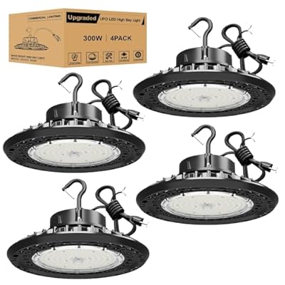 JC-LGL UFO LED High Bay Light 300W 5700K 4Pack, High Bay Shop Lights, Dimmable UFO Lights 5' Cable with US Plug, Hanging Hook, Safe Rope, ETL Listed High Bay Light for Warehouse Factory Barn Shop