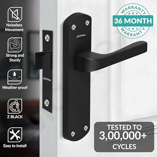 Image of Plantex Heavy Duty Bathroom Door Lock /Mortise Handle Lock /8inch Keyless Plate Handle Set for Home /Bathroom /Store Room /Balcony /Office with Baby Latch (8132- Z-Black)