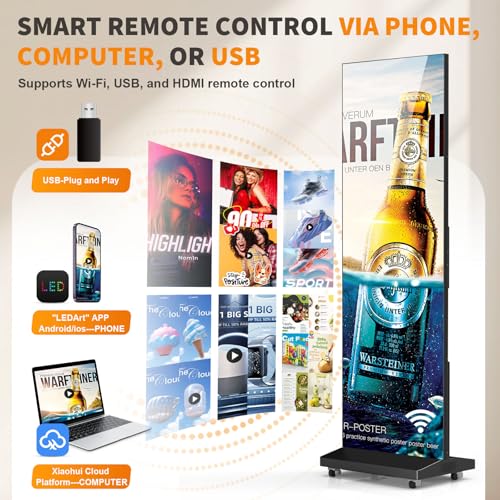 Image of 80 inch LED Digital Signage Display with Flight Case, P1.86 Foldable Spliceable LED Poster Screen Kiosk with Content Management System, WiFi /USB /HDMI for Events, Rentals & Commercial Use (Black, 2 Panel)