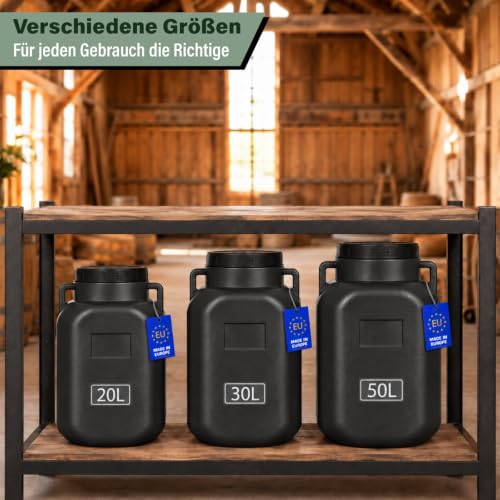 FIXKRAFT Weithalsfass Futtertonne Hund Gärfass Lebensmittelbehälter mit Deckel Kanister Lebensmittelecht Futter Tonne Pferd Mostfass (Schwarz, 50 Liter)