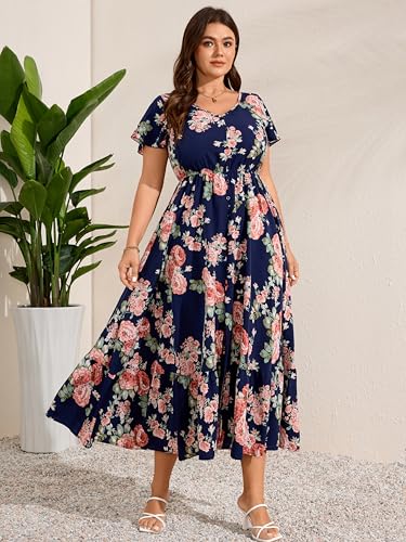 Image of RWJ Women Plus Size Maxi Dress V Neck Short Sleeve Button Trim Split Flowy Tiered Casual Long Dresses 2025 L-3XL