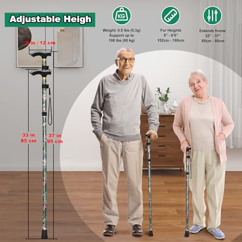 Image of MFE Folding Cane, Portable 5-Level Adjustable Height Walking Stick with Foldable Design, Wrist Strap, and T Handle for Men and Women (Green Floral)