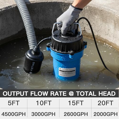 Image of FOTING 3 /4HP Submersible Sump Pump,4500 GPH Cast Iron Sewage /Effluent Pump,Automatic Tethered Float Switch,Septic Pump for Basement,Septic Tank,Basin,Sewage Well,1-1 /2 inch NPT Discharge, Dark Blue