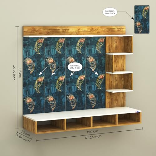 Image of Anikaa Laura Engineered Wood Wall-Mount TV Unit with Printed PVC Back Panel & LED Lights | TV Cabinet with Storage Box & Decorative Shelves (Giantwood /White) for TVs up to 43Inch | DIY Installation