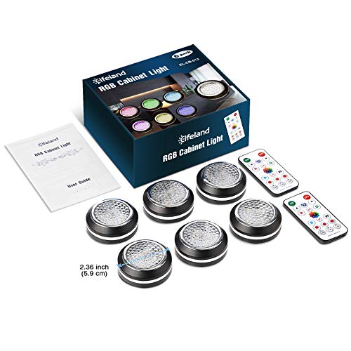 Elfeland Puck Lights Battery Operated Under Cabinet Lighting, LED 16 Color Changing Puck Lights with Remote Control & Timing, Dimmable LED Closet Lights for Kitchen Cabinet and Closet (6 Packs)