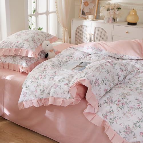 Image of VM VOUGEMARKET Pink Ruffle Floral Duvet Cover Set Queen,Peach Pink Flower Bedding Set 100% Cotton Reversible Pink Stripes Duvet Cover with Zipper & Ties,90 inchx90 inch