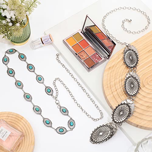 Junkin 2 Pcs Women Concho Western Chain Belts Turquoise Chain Belts Antique Western Waist Belts Metal Belt3