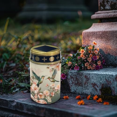 Image of Poceacles Solar Lights Outdoor Grave Solar Lights for Cemetery Decoration Solar Outdoor Lights Cemetery Solar Lamp for Garden Lawn Backyard Pathway Decor, Hummingbird Flower Beige, Pack of 4