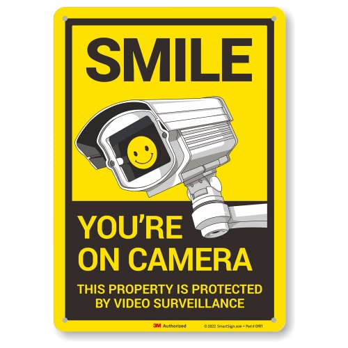SmartSign 14 x 10 inch Smile Youre On Camera This Property Is Protected By Video Surveillance Metal Sign 40 mil Aluminum 3M Laminated Engineer Grade Reflective Material Multicolor USA-Made
