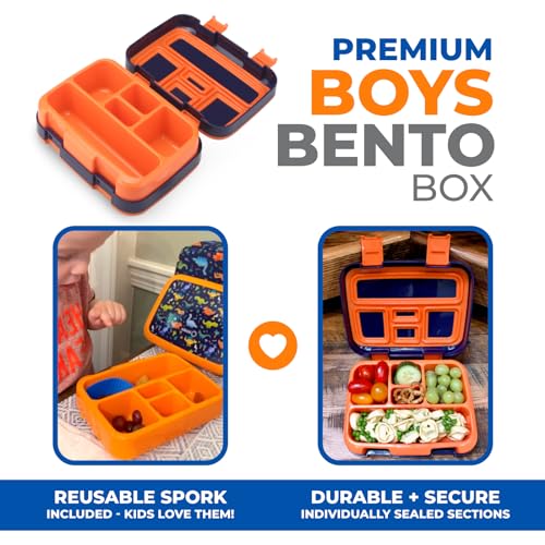 Image of Dinosaur Bento Lunch Box for Boys Toddlers, 5 Portion Sections Secure Lid, Microwave Safe BPA Free Removable Plastic Tray, Pre-School Kid Daycare Lunches Snack Container Ages 3 to 7 Blue Orange