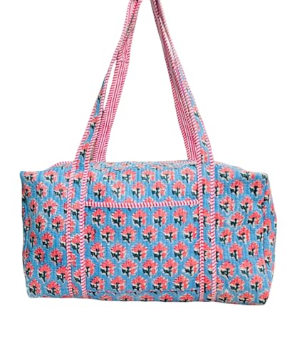 Large Size Beautiful Block Print Cotton Quilted Duffle Bag,Decoratulive Weekender Bags,Indian Handmade Floral Print Travel Overnight Bags (color-3, 20x10x10