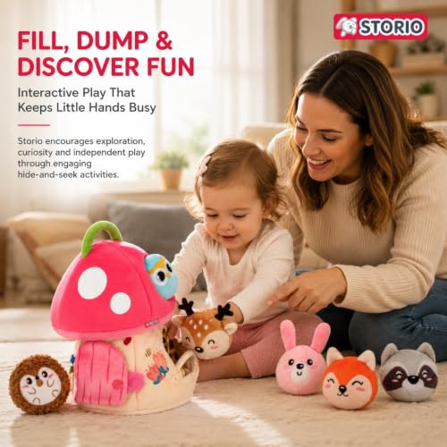 Image of Storio Mushroom House Plush Toy Set with 6 Stuffed Animals, Sensory Soft Toys for Babies & Toddlers, Fill and Dump Activity Toy, Travel Carry Case, Learning Toy for Kids 6 Months+