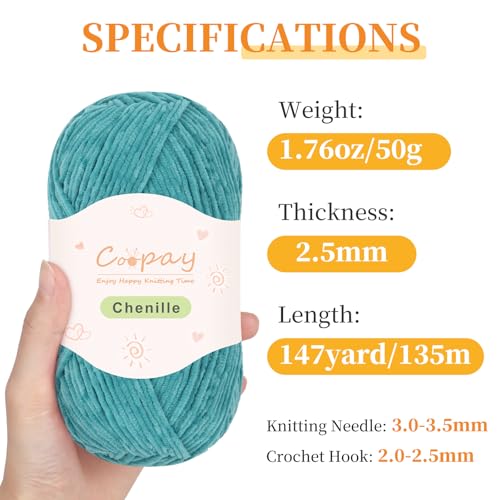 Image of Coopay Skinny Chenille Yarn for Crocheting and Knitting, 12 Pack of 50g /1.76oz - 1764yd Total, Soft Velvet Yarn of Baby Weights - Suitable for Baby Blankets, Plush Toys - Super Soft (Green Gradient)