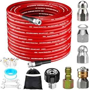 50FT Sewer Jetter Kit for Pressure Washer, 5800PSI Drain Cleaner Hose 1/4 Inch NPT Corner, Rotating Button Nose Sewer Jetting Drain Jetter Hose Nozzle Pearl Corsage Pin Spanners, Red