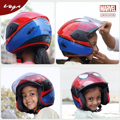 Image of Vega Buds Junior Marvel Spiderman Graphic Open Face Helmet for Kids - Lightweight Design, Superior Comfort & Safety, Stylish Red Blue - XS