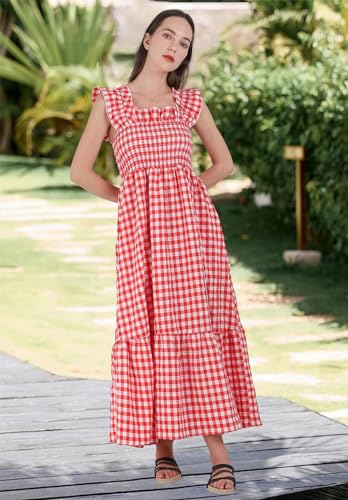 Image of chouyatou Women's Retro Plaid Smocked Dress Spaghetti Strap Flounce Long Dress