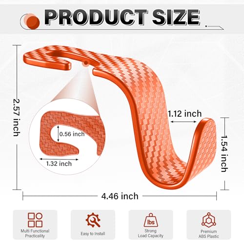 Image of SINGARO Universal 4 Pack Car Seat Headrest Purse Hook, Carbon Fiber Back Seat Hook Storage Organizer Hanger for Purse Handbag Coat, Car Interior Accessories(Orange)