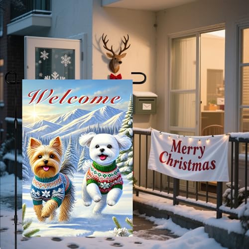 Image of BlissYard Garden Flag Dog Pair Winter 12x18 Inch Polyester