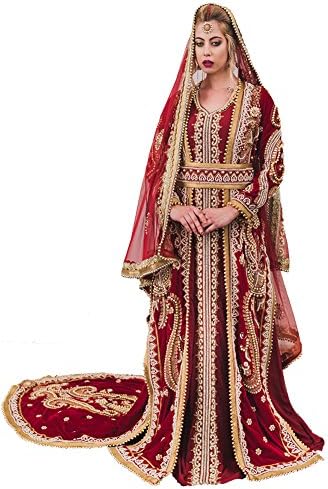 Kolkozy Fashion Women's Moroccan Style Long Sleeve Wedding Kaftan with Trail 4X Maroon