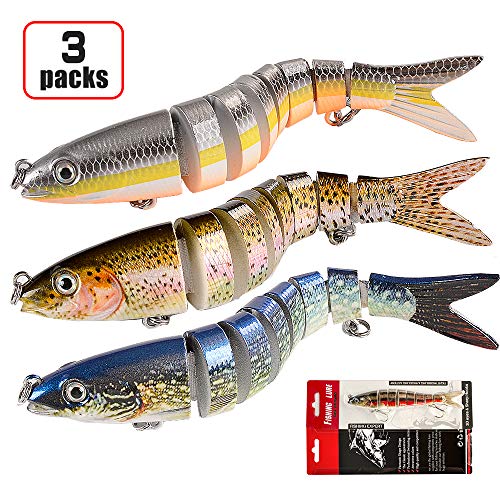 watalure Bass Fishing Lure, Pack of 3, 8 Segment Lifelike Multi Jointed Swimbait Slow Sinking Glidebait for Bass Trout Freshwater Saltwater