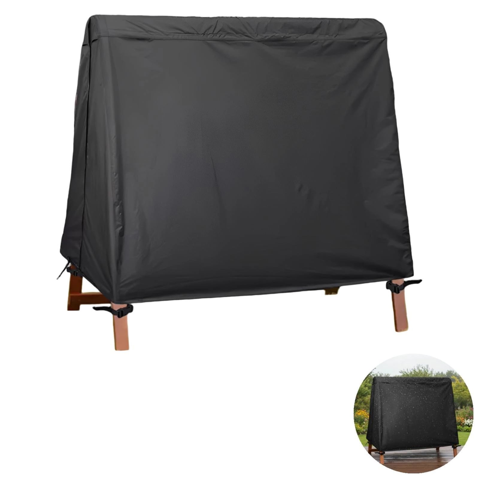 A-Rahmen, Hollywoodschaukel, 3-Sitzer, wasserdicht, schwarz, 420D Polyester, mit Schnallen und Reißverschlüssen