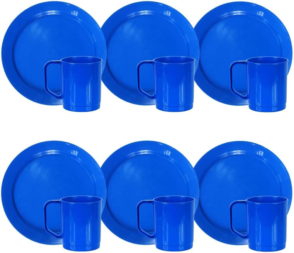 Blue Plastic Camping Reusable Plate & Cup Sets - Set of 6